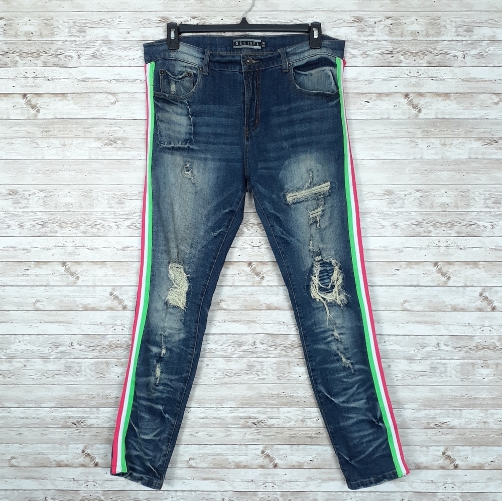 Decibel Mens Jeans 36/33 Side Tape Distressed 204